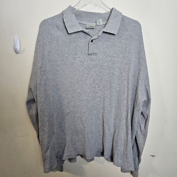 LL Bean Mens Thermal Waffle Polo 100% Cotton XL Grey - Picture 1 of 3